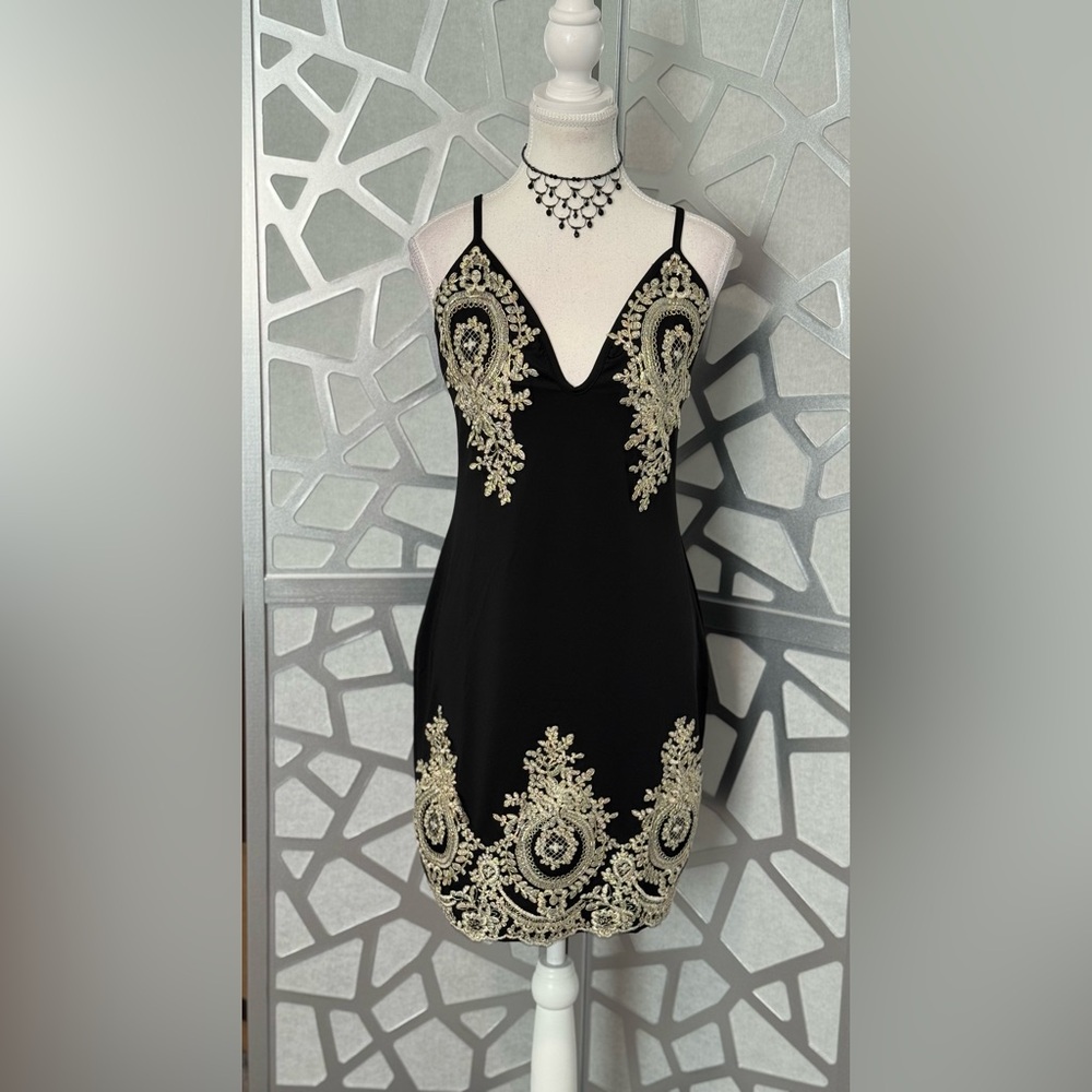 New Arrivals! Black & Gold Embroidered Spaghetti Strap Mini Dress.